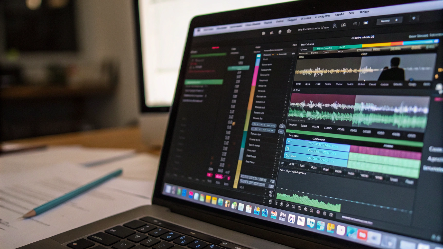 Video editing software showing complex audio tracks